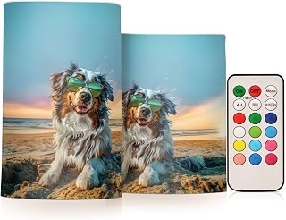 ALAZA Australian Shepherd Flickering Flameless Candles Battery Operated with Remote Timer,Tea Light Candles LED Pillar Votive Candles set of 2 for Outdoor Indoor Decorations