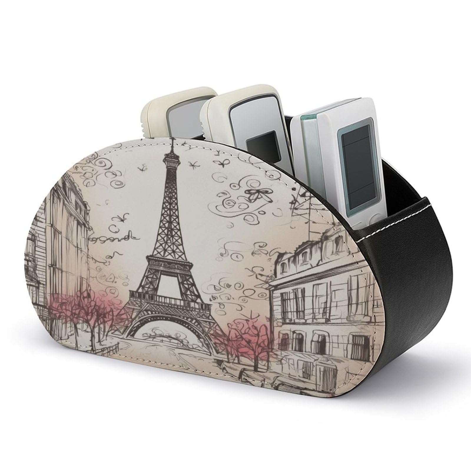 VstaDank French Paris Tour Eiffel Tower Remote Control Holder with 5 Compartments PU Leather TV Remoter Caddy Desktop Organizer TV Remote Holder Remote Box for Media Controllers Office Supplies
