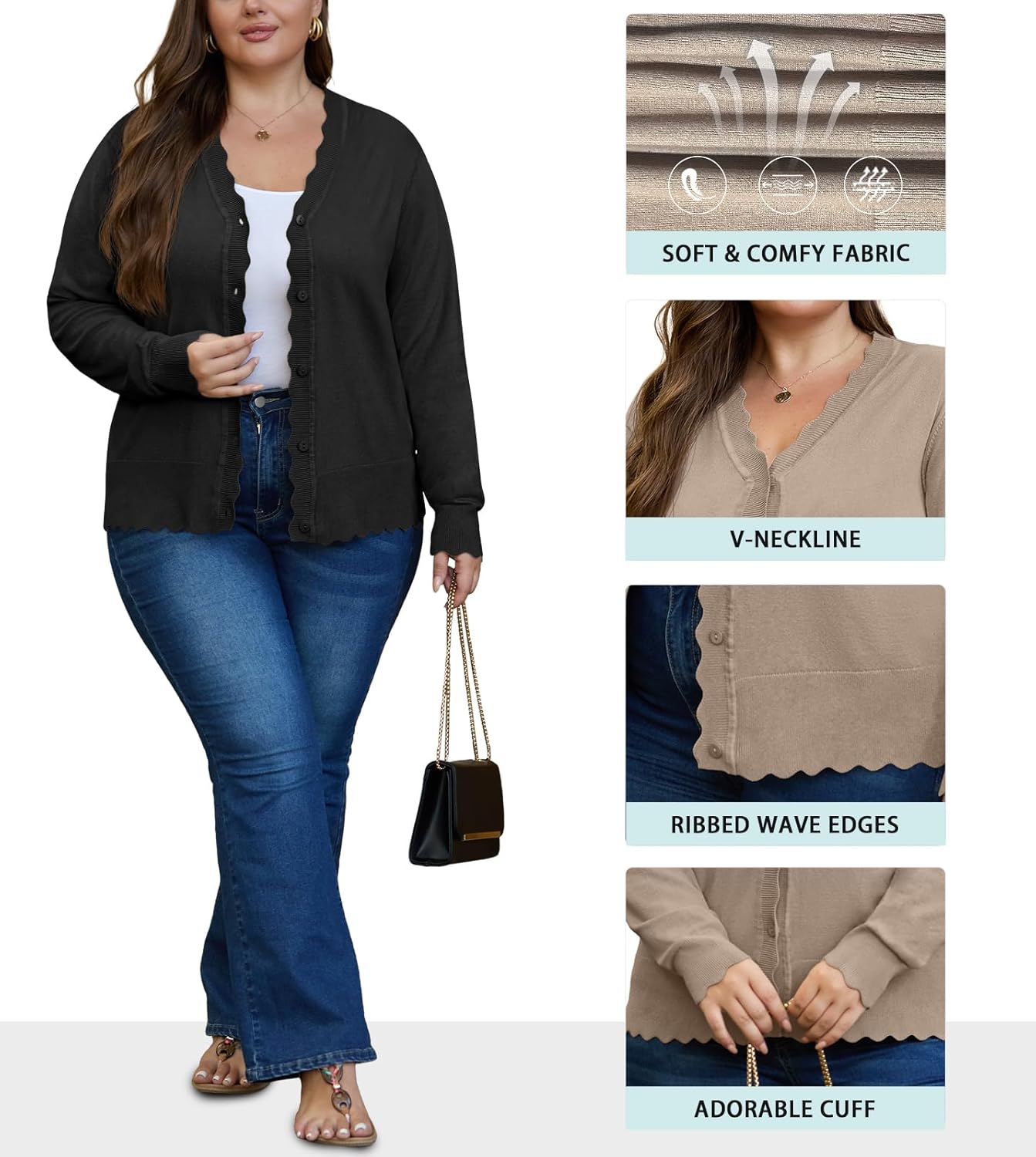 OLRIK Plus Size Cardigan for Women Cropped Long Sleeve V-Neck Buttons Down Ribbed Wave Edges Casual Knit Shrugs - Image 5