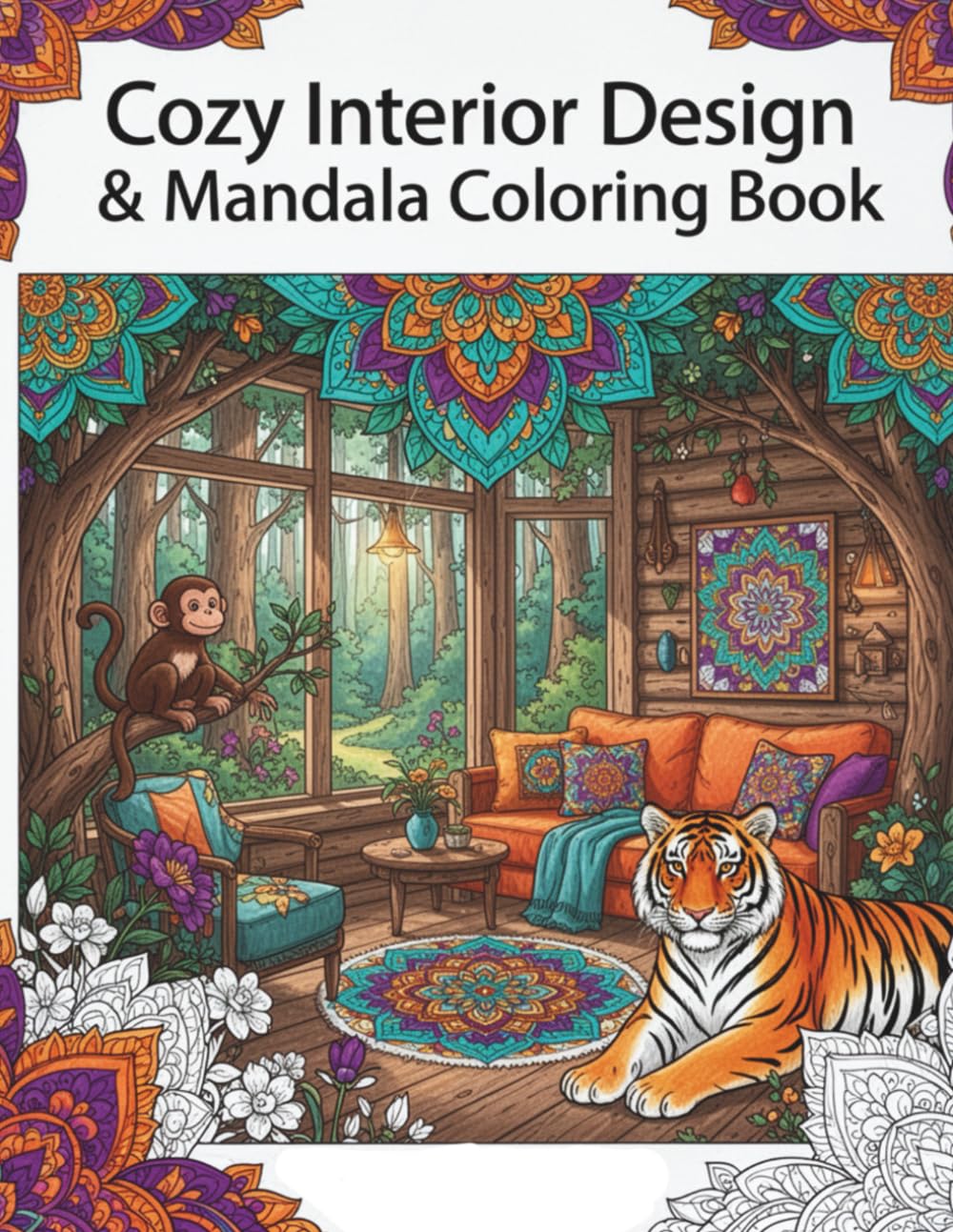 Cozy Interior Design & Mandala Coloring Book for Adults: Relaxing Home Scenes, Beautiful Mandalas, and Cute Animals for Stress Relief