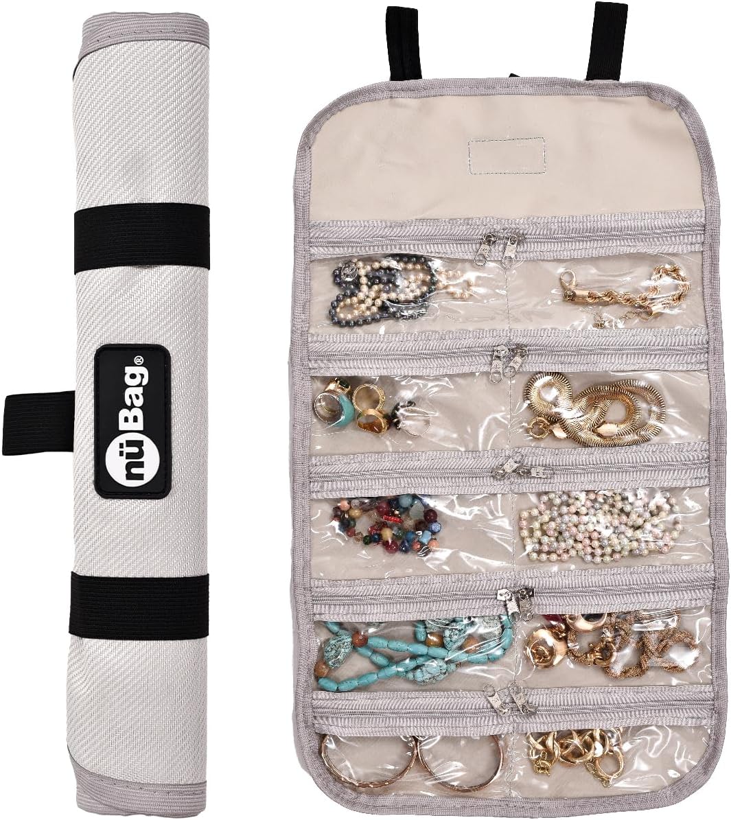 Estojo Organizador Porta Jóias Acessórios Semijóias Bijuteria Cosméticos Leve Enrolável para Viagem com 10 Divisórias Nue Bag
