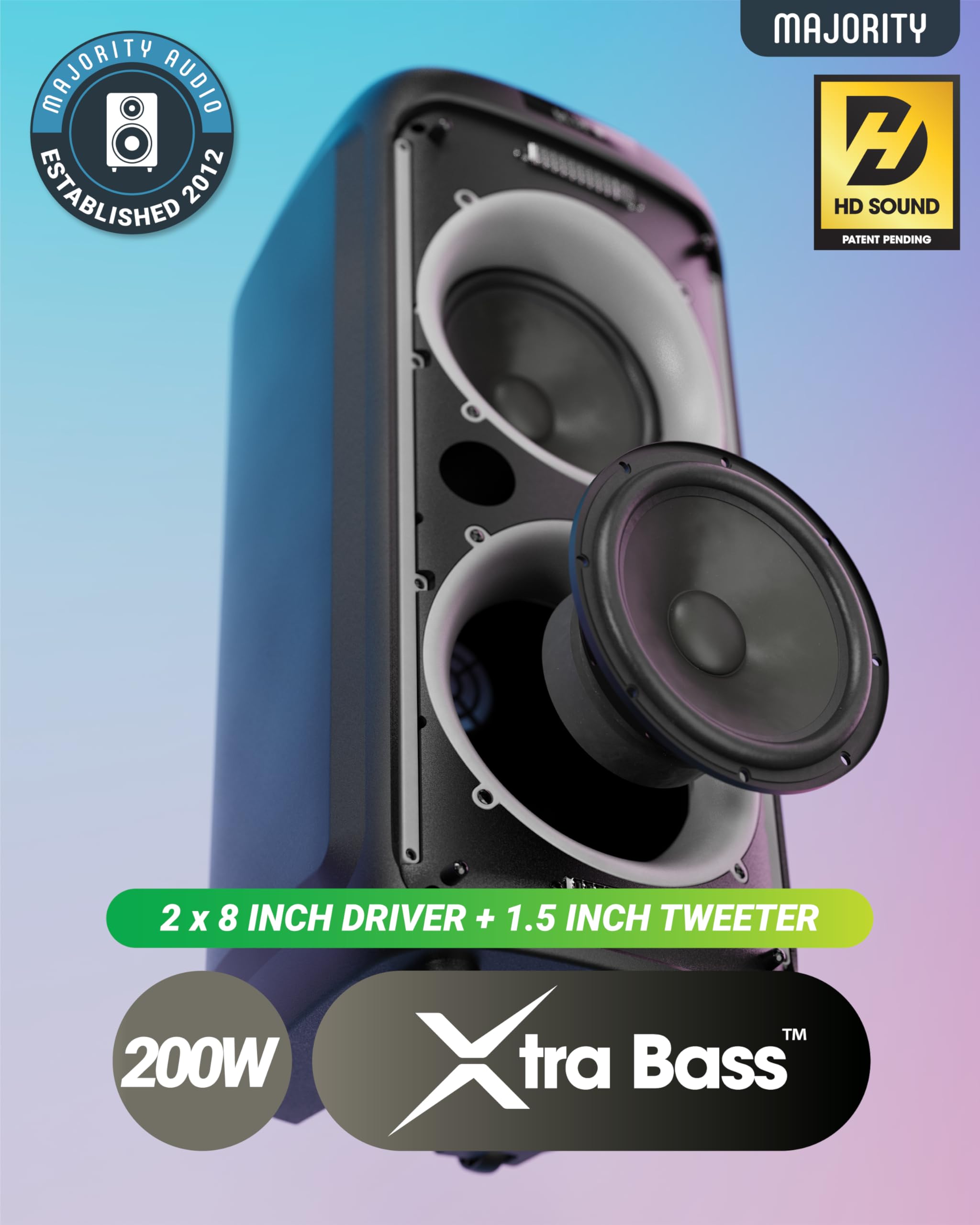MAJORITY Tragbarer Party-Lautsprecher & Karaoke-Maschine mit kabelgebundenem Mikrofon, Bluetooth, USB/SD MP3-Player, Mikrofon-Echo, Höhen, Bass-Boost, TWS-Stereo, LED-Lichter, PA-System-Lautsprecher