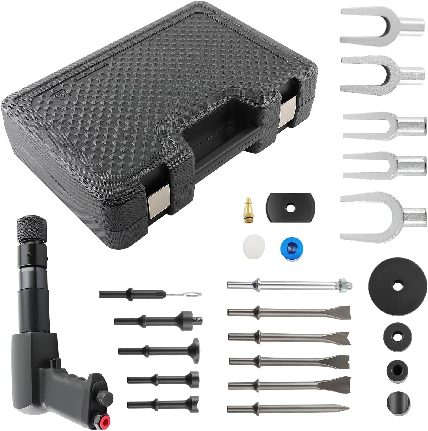Air Hammer Kit, 25 PCS Multi-functional Pneumatic Hammer Piece Chisel Set, 2100 BPM Quick Change Retainer Air Hammer with Shovel Heads, Ball Joint Separator Set, Air hammer Bits