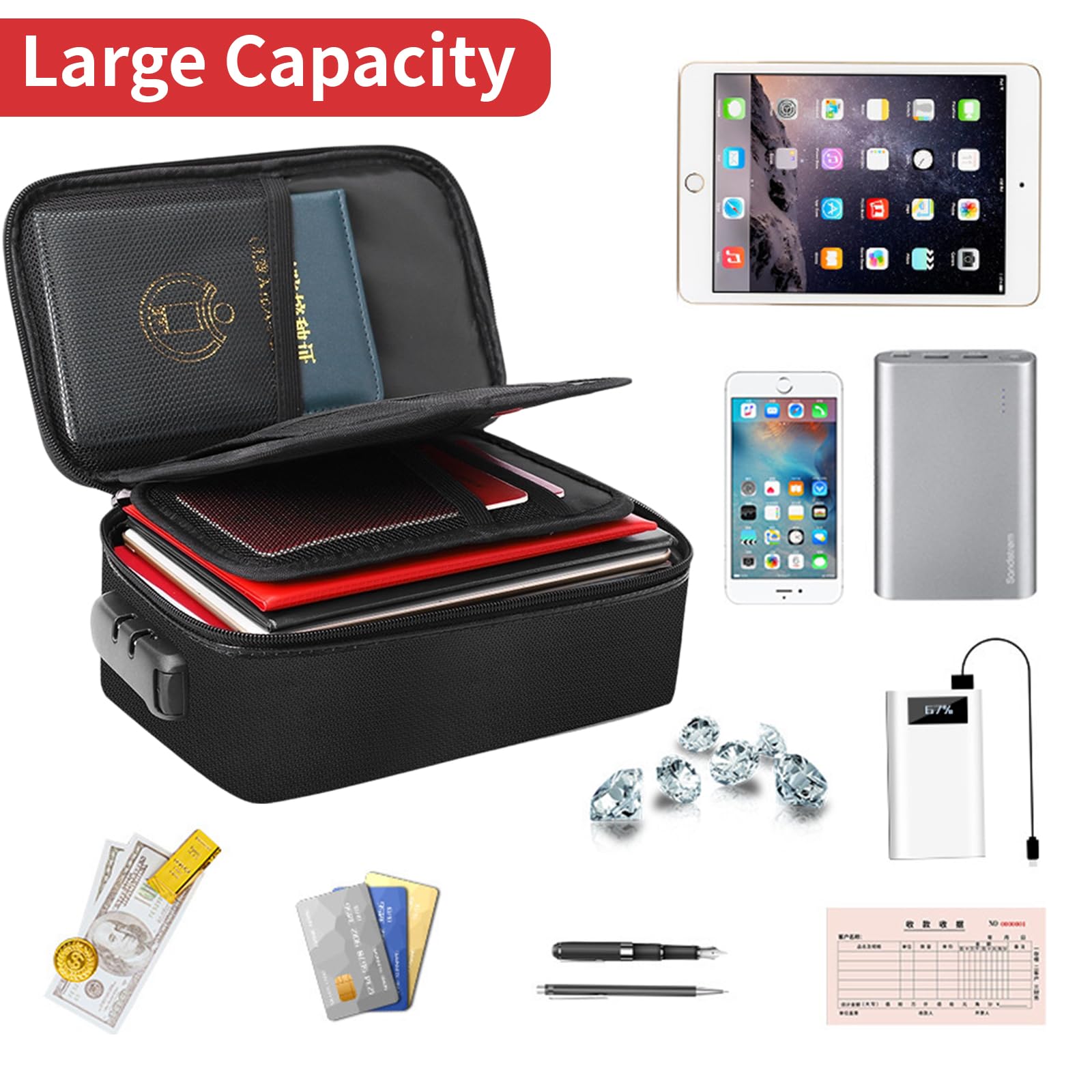 OUKENS Organisateur de Documents, 24x14x7cm boîte de Rangement de Documents Ignifuge étanche avec Fermeture à glissière Serrure Petit Portable Valise Porte Documents pour fichiers et Passeport (Noir)