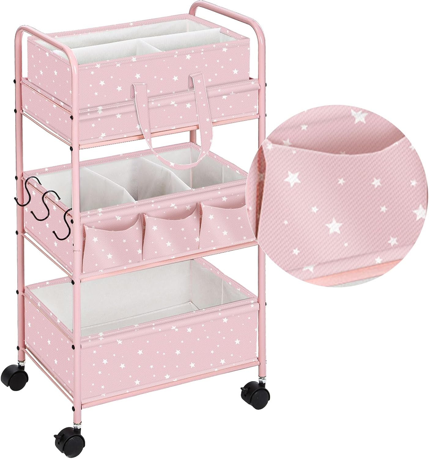 Yookeer 2in1 Baby Diaper Caddy Organizer Cart 3 Tier Large Capacity Metal Utility Bedside Rolling Cart with Divider Newborn Registry Gift Nursery Essential Must Have Bedroom Baby Shower(Pink,Star)