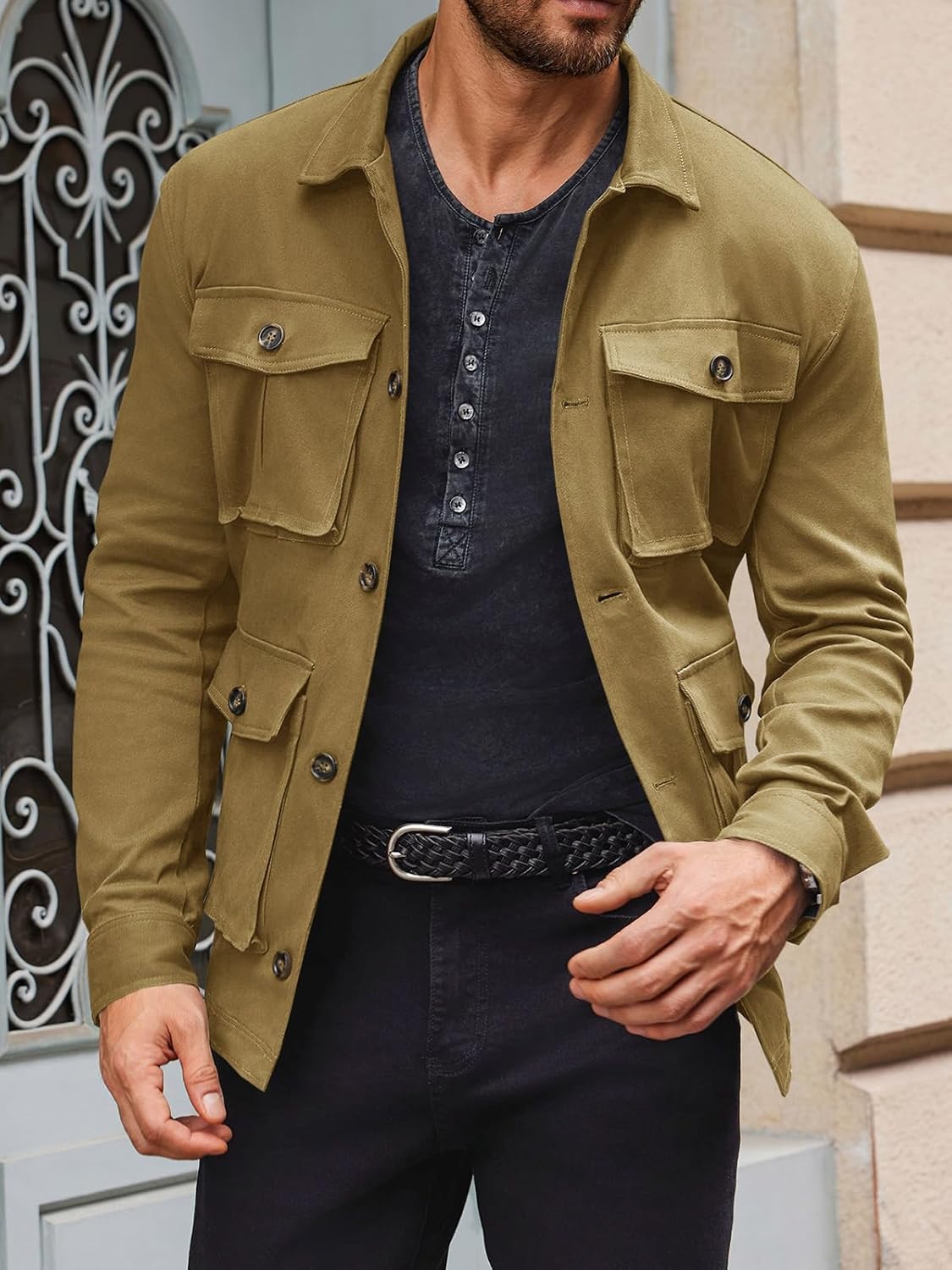 Runcati Mens Lightweight Safari Jacket Casual Button Up Jacket Windproof Work Coat with Pockets - Image 3