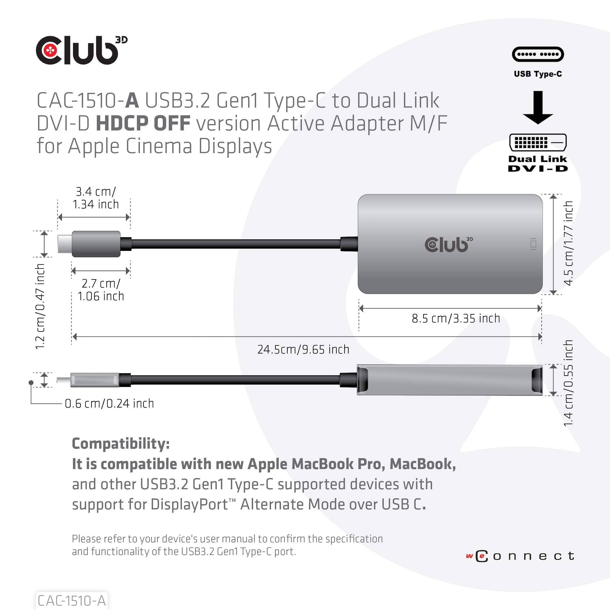 Club 3D 3D Gen1 Type-C a Dual Link DVI-D HDCP off Version Adattatore Attivo S/B per Apple Cinema Displays, CAC-1510-A