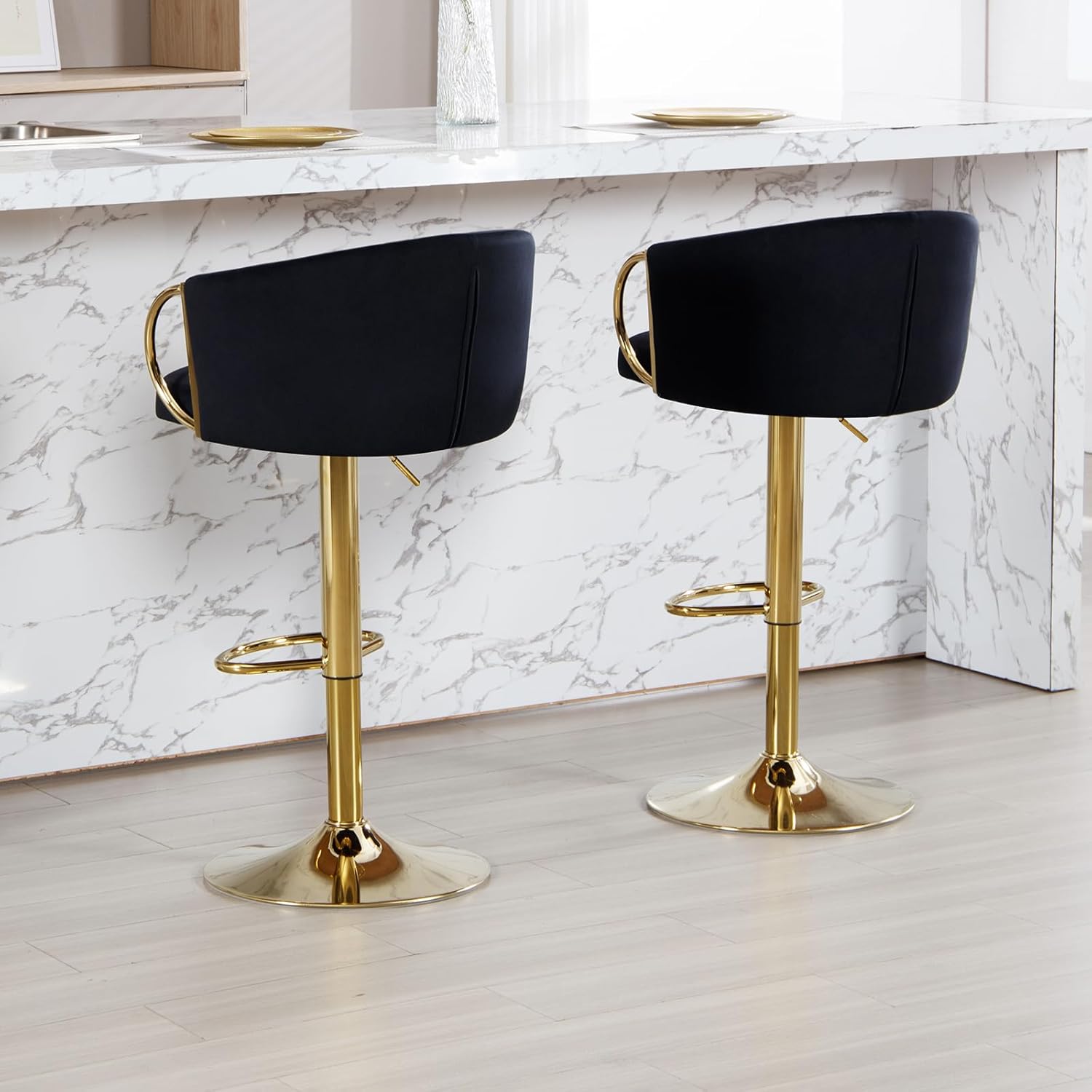 Velvet Gold Bar Stools Set of 2, Counter Height Bar Stools Velvet Low Back Chair with Golden Armrest Golden Big Base for Kitchen Island Home Bar(Black)