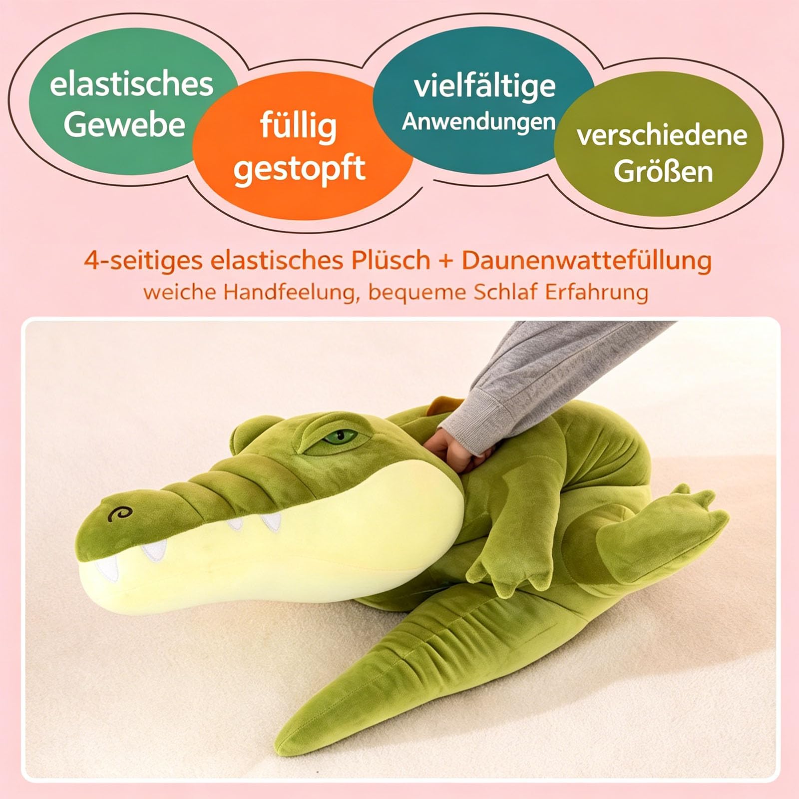 Riesen Krokodil Kuscheltier XXL, Groß Krokodil Stofftier Plüschtier Alligator, Krokodilkissen Plüschtier, Kawaii Plüschtier Krokodil Spielzeug Kissen, Geschenk für Jungen Mädchen (100cm,Grün)
