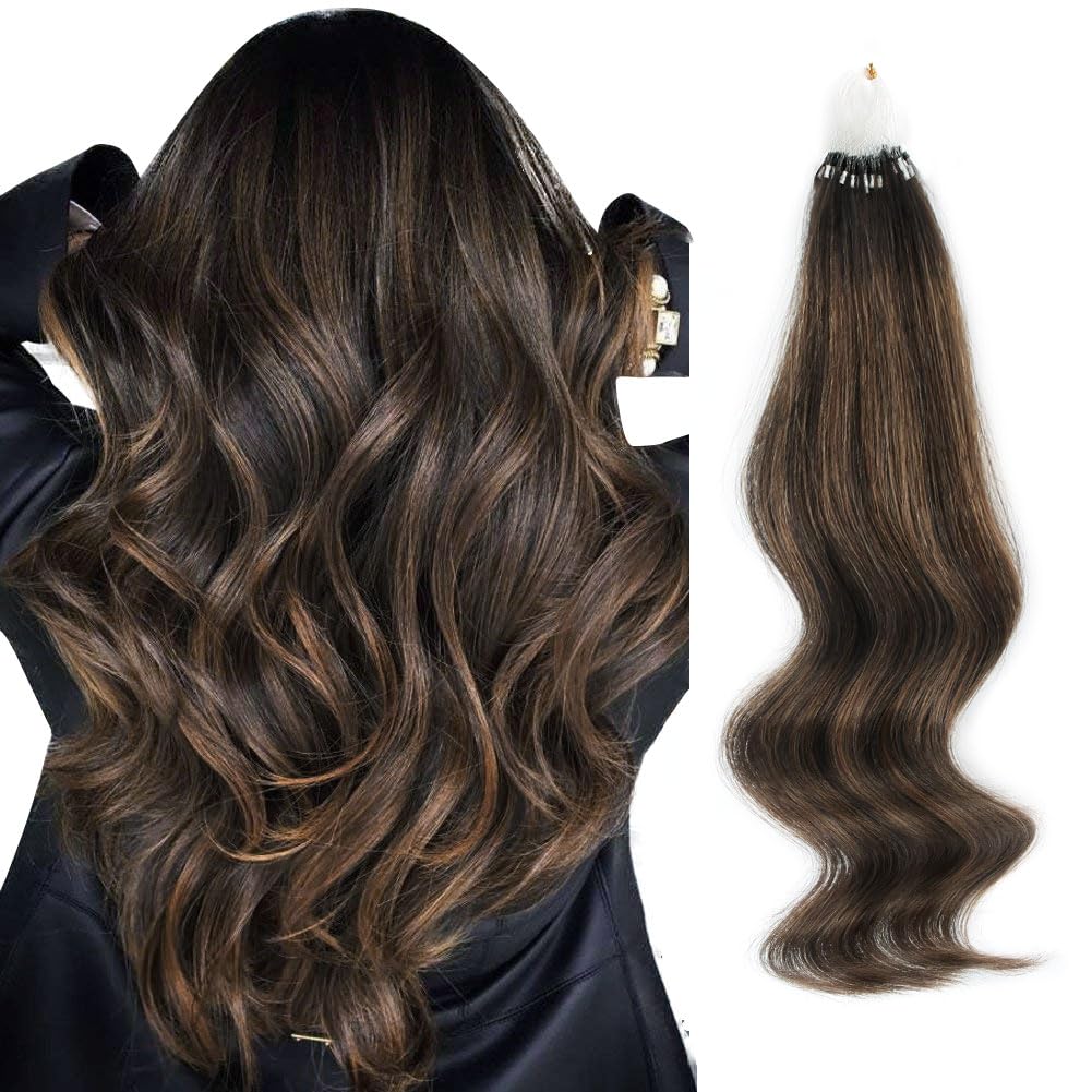 ABH AMAZINGBEAUTY HAIR 18 Inch Micro Beads Hair Extensions Human Hair Brown Micro Loop Ring Hair Extensions Human Hair Balayage #2/6/2 Darkest Brown