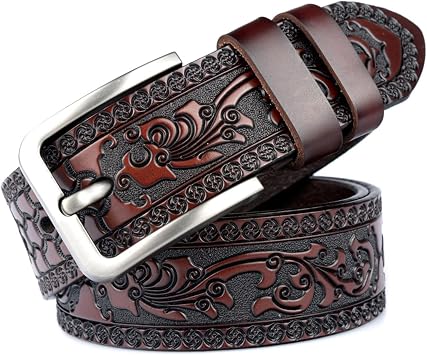Mens Leather Ratchet Embossed Belt Adjustable Western Cowboy Waist Strap Leather Belt,Coffee,115cm/waist33"35"