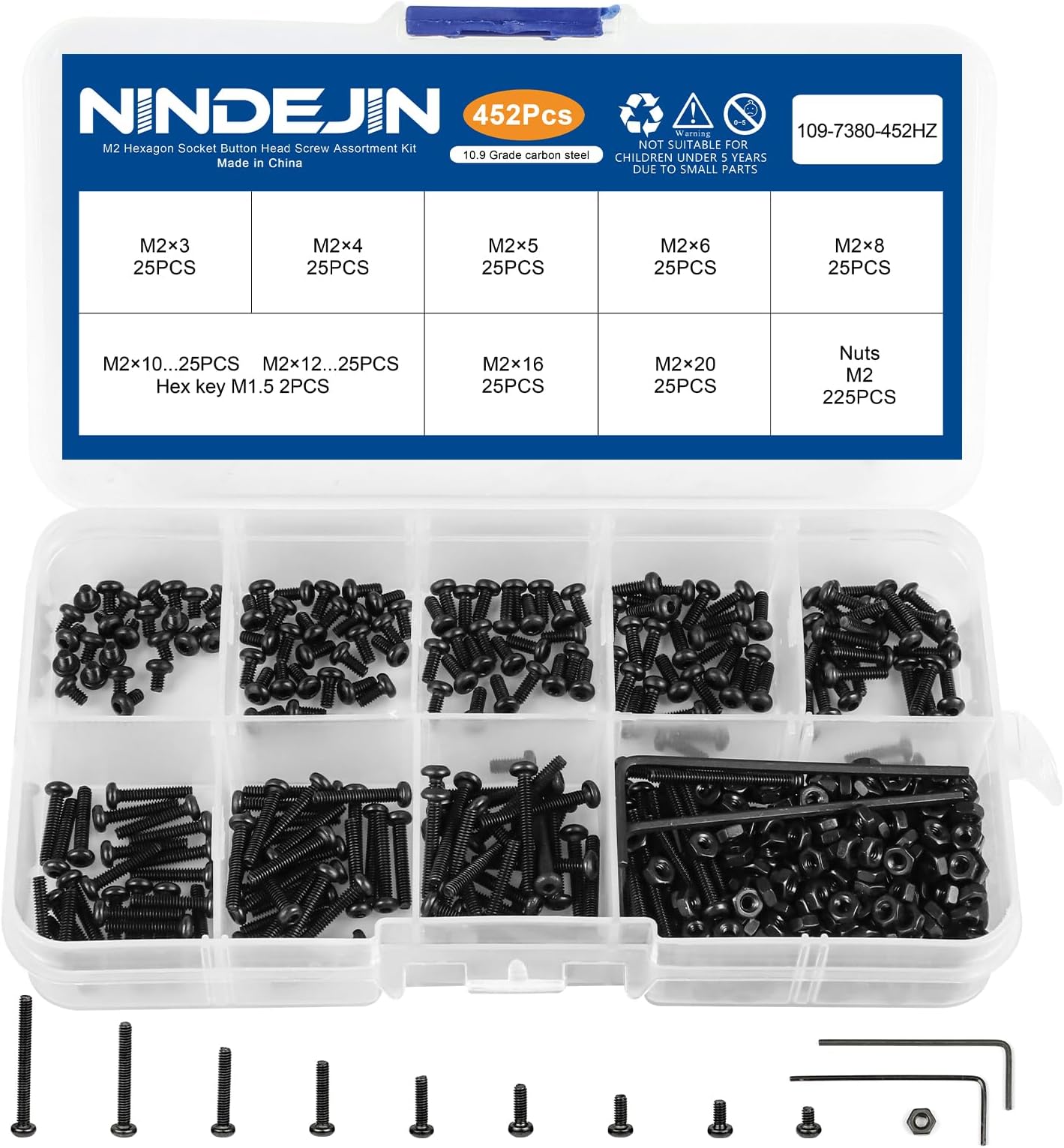 NINDEJIN M2 Button Head Socket Cap Bolts Screws, Metric M2 x 3/4/5/6/8/10/12/16/20mm Screws Bolts Nuts Assortment Kit, 452Pcs Allen Hex Drive, Black Oxide, 10.9 Carbon Steel, Fully Threaded
