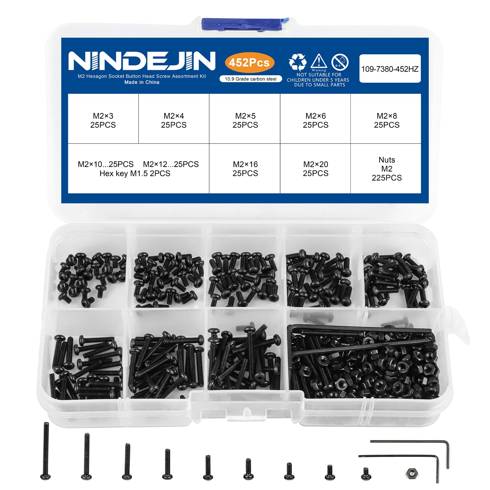 NINDEJIN M2 Button Head Socket Cap Bolts Screws, Metric M2 x 3/4/5/6/8/10/12/16/20mm Screws Bolts Nuts Assortment Kit, 452Pcs Allen Hex Drive, Black Oxide, 10.9 Carbon Steel, Fully Threaded