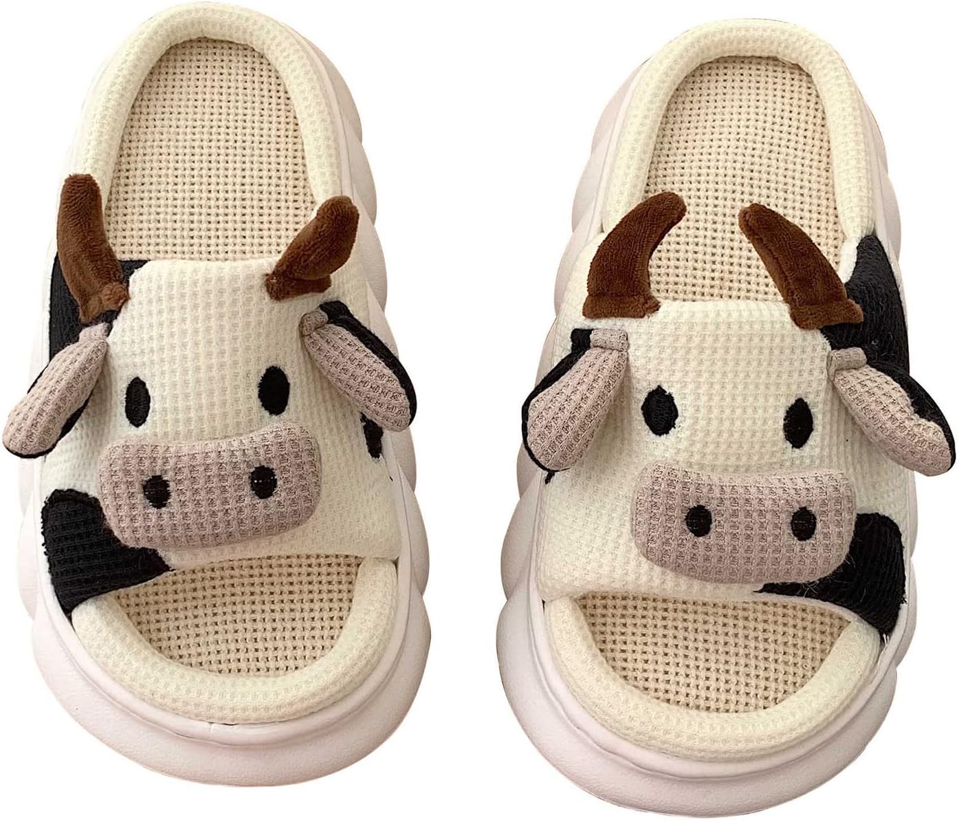 Snewvie Cute Cow Slippers Soft Slippers for Women 3D Cartoon Thick Sole Cow Print Sliders Winter Animal Slippers Home Linen Slides for Indoor Or Outdoor