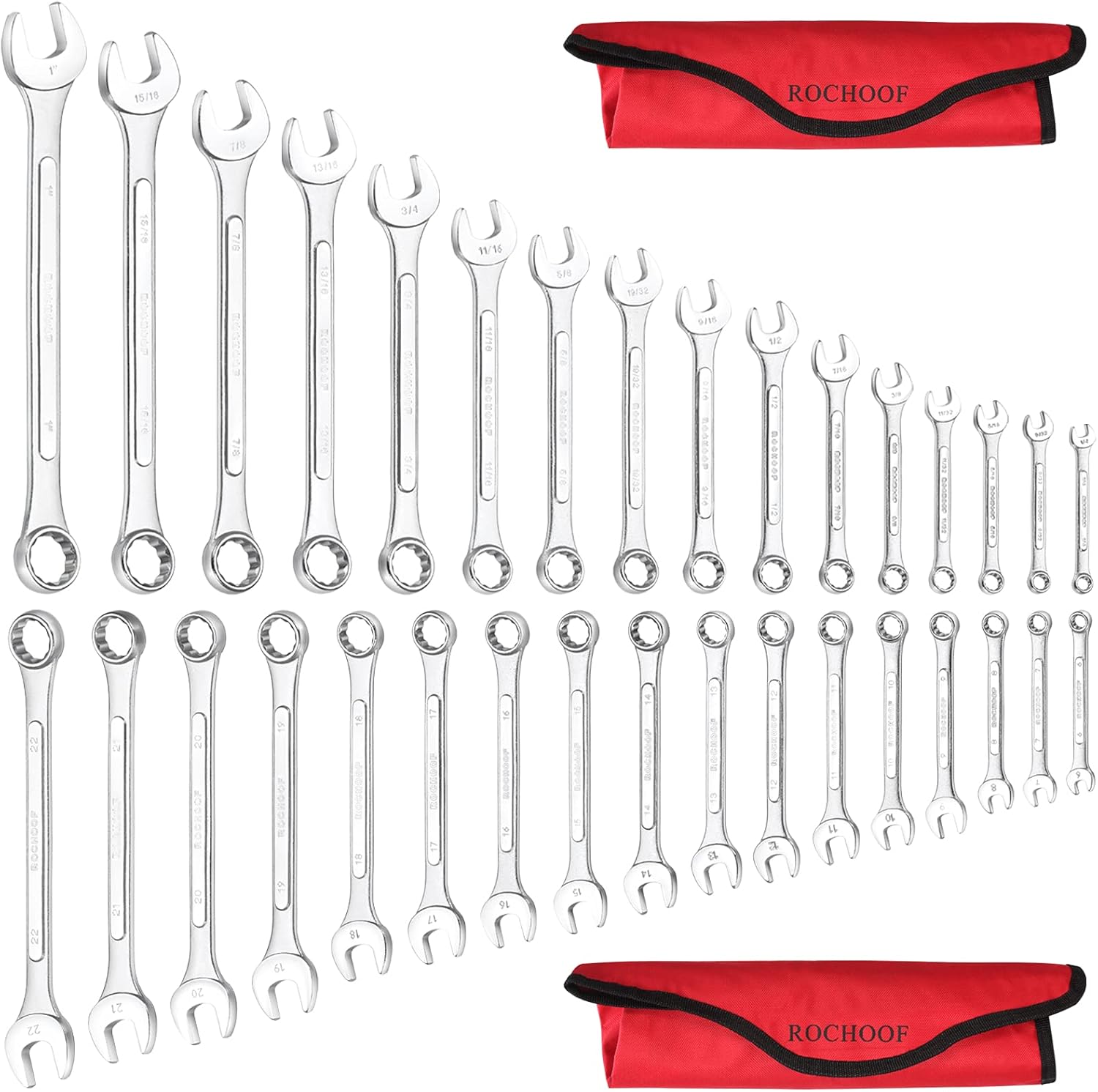 Combination Wrench Set,33-Piece Chrome Vanadium Steel Wrench Set 12-Point SAE & Metric Wrenches 1/4"-1" and 6-22mm with Rolling Pouch