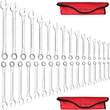 Combination Wrench Set,33-Piece Chrome Vanadium Steel Wrench Set 12-Point SAE & Metric Wrenches 1/4"-1" and 6-22mm with Rolling Pouch