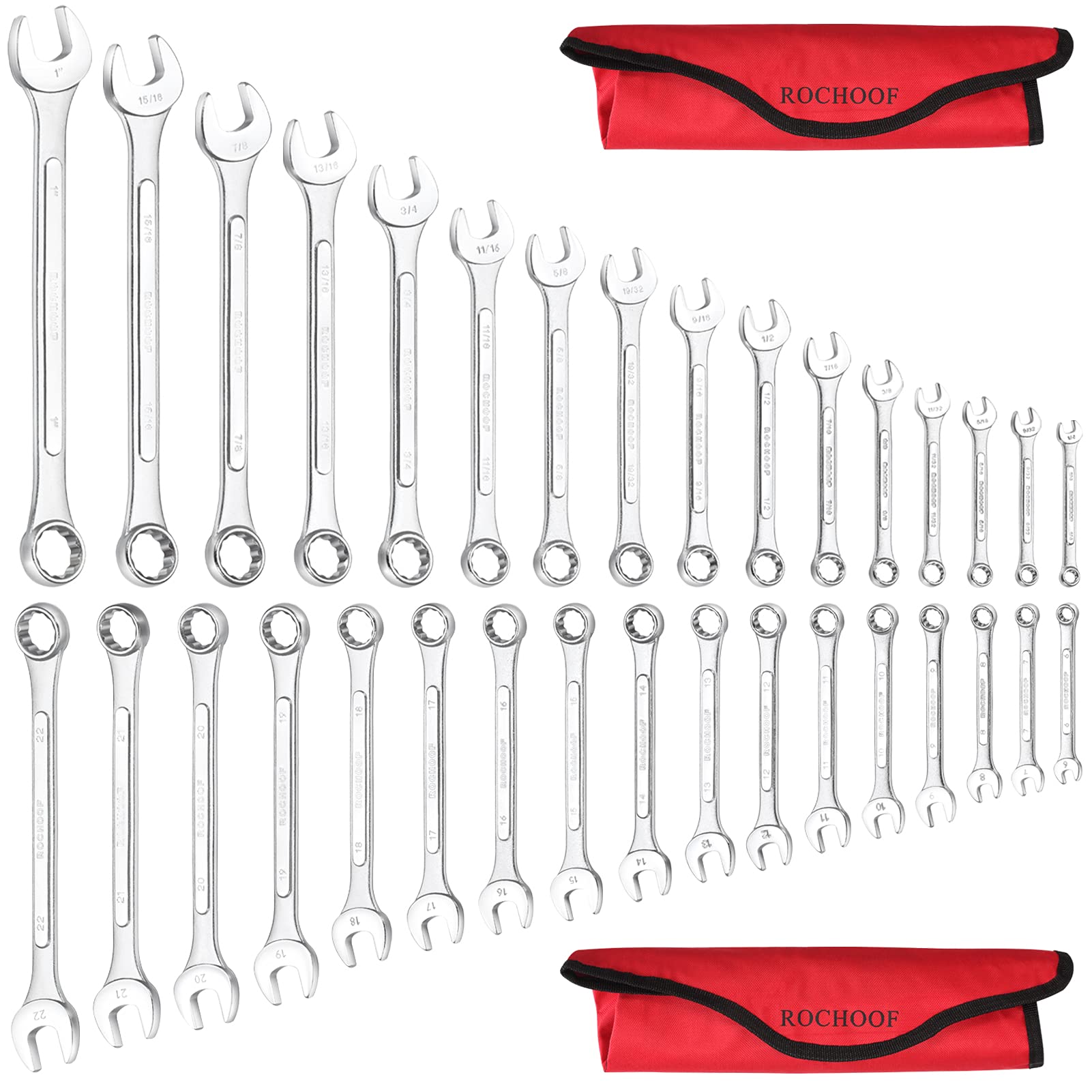 ROCHOOF Combination Wrench Set,33-Piece Chrome Vanadium Steel Wrench Set 12-Point SAE & Metric Wrenches 1/4"-1" and 6-22mm with Rolling Pouch