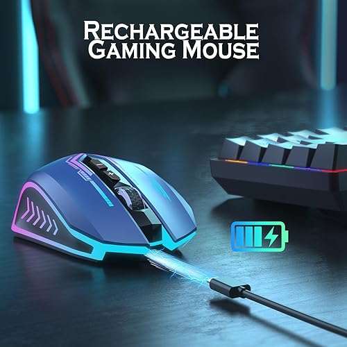 Miniatura 5 de UHURU Mouse para juegos, mouse inalámbrico para juegos con 7 botones, 7 colores LED intercambiables hasta 12000 DPI, mouse USB recargable para PC y