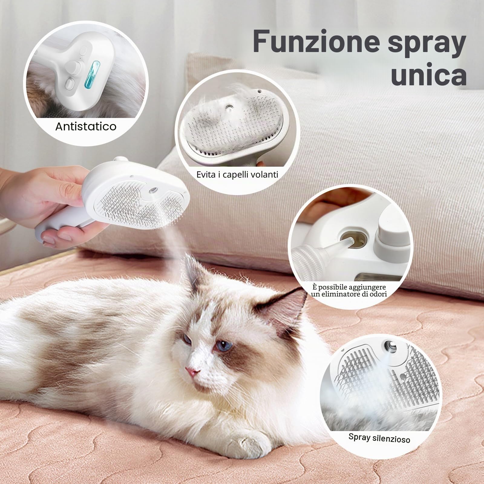 Spazzola a Vapore per Gatti e Cani, 2 In 1 con Spruzzo, Spazzola Vapore per Rimuovere Peli Aggrovigliati, Gatto