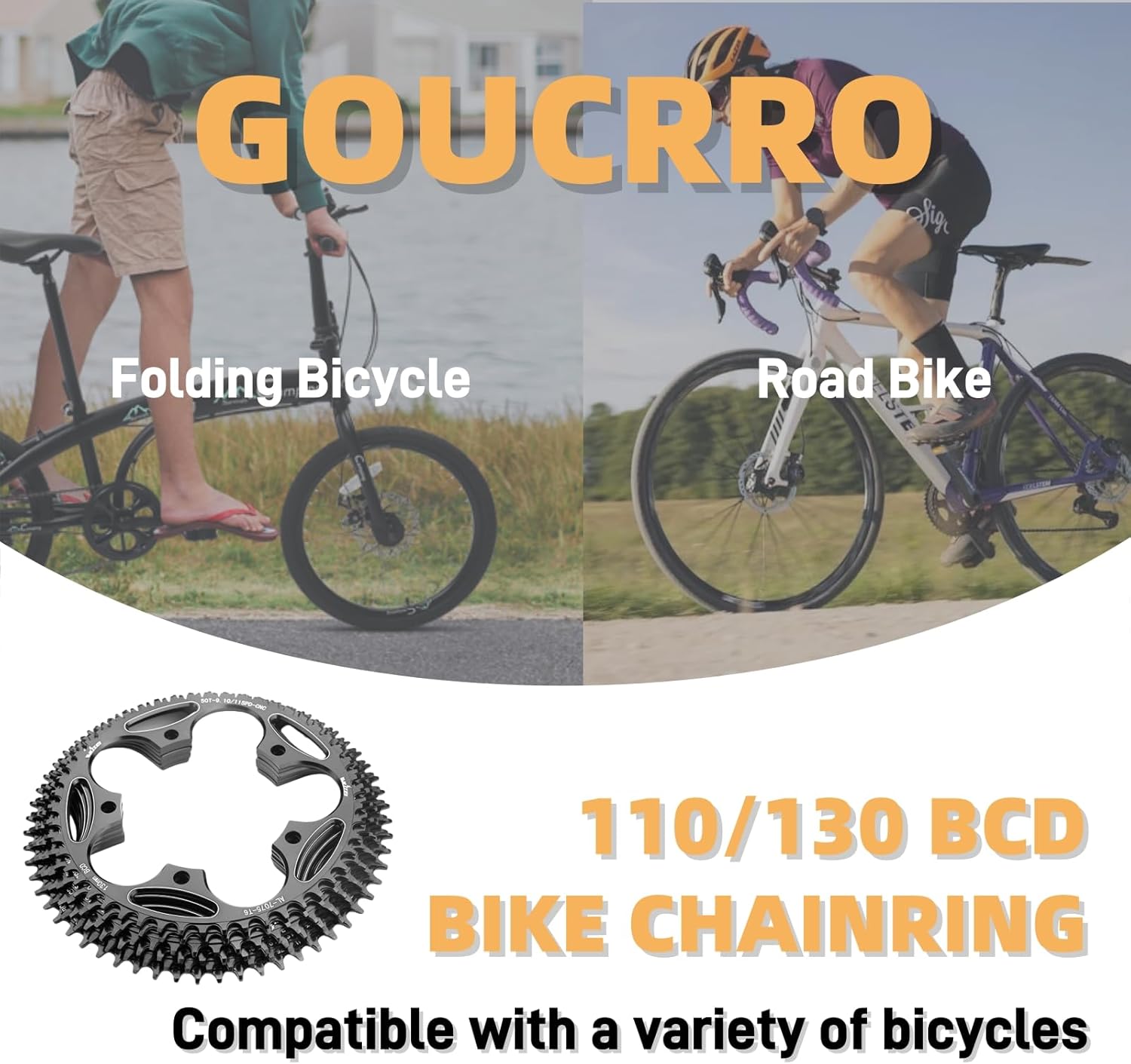 110/130 BCD Chainring 36/38/40/42/44/46/48/50/52/54/56/58/60T Round Narrow Wide Bicycle Chainring with 5 Screws for Road Bike Folding Bicycle