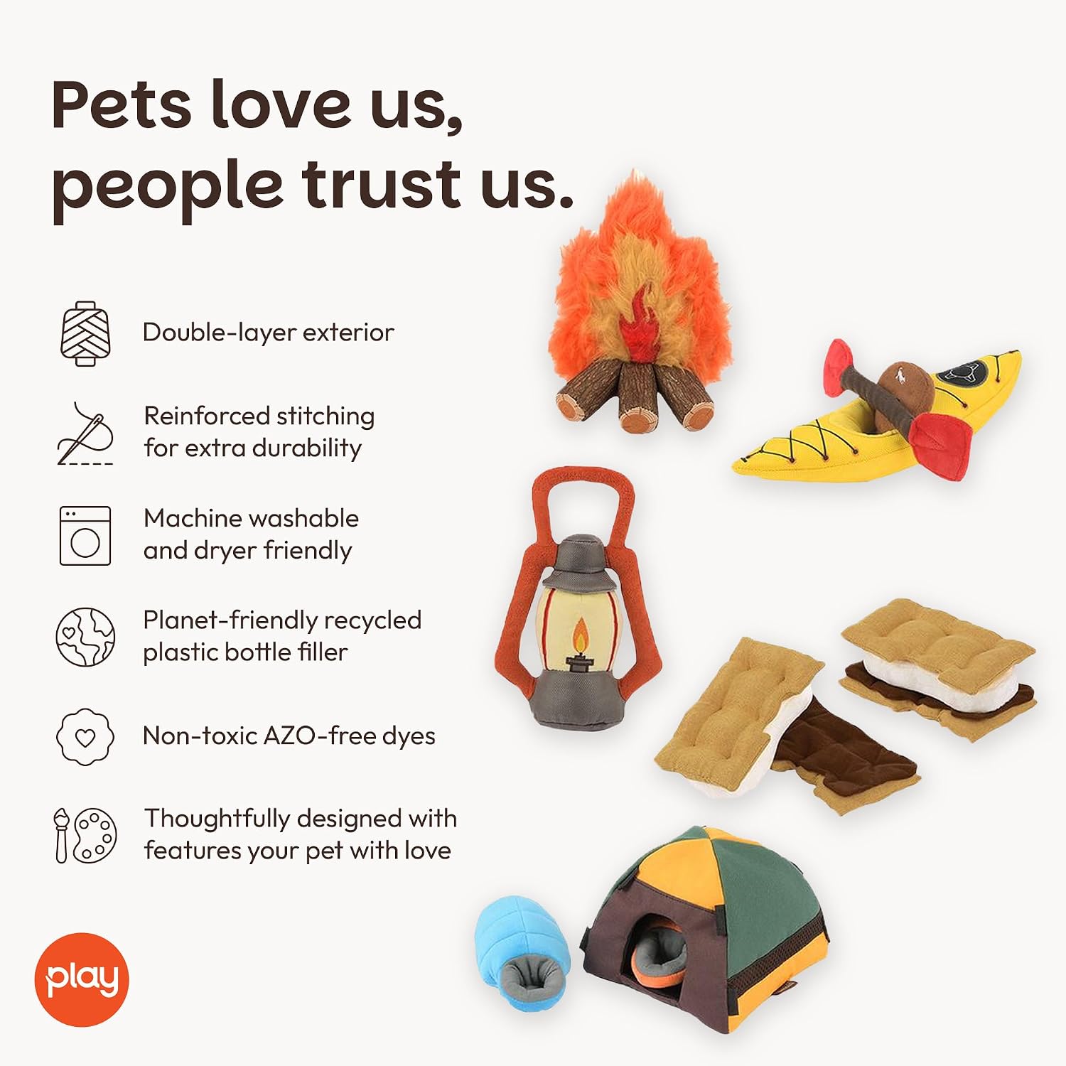 P.L.A.Y. Cute Plush Dog Toys - Camping, Outdoor Themed Durable Squeaker Chew Toys, Great for Puppies & Small, Medium, Large Dogs - Machine Washable, Recycled Materials (5 Piece Set)