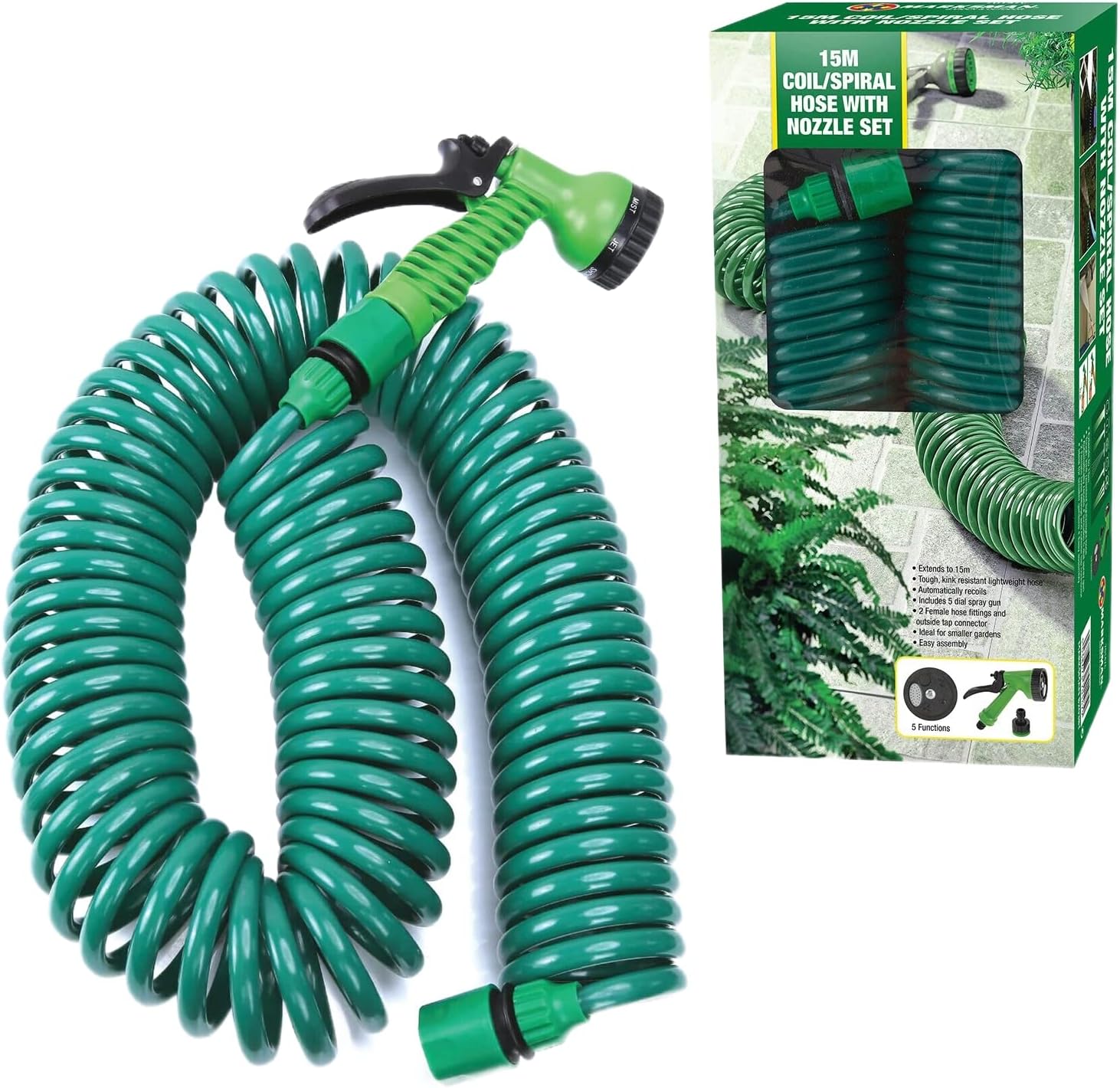 Retractable Garden Coil Hose Pipe Expandable 7 Function Water Spray Gun Flexible Plant & Flower Watering Patio Decking Cleaning (10M), Green