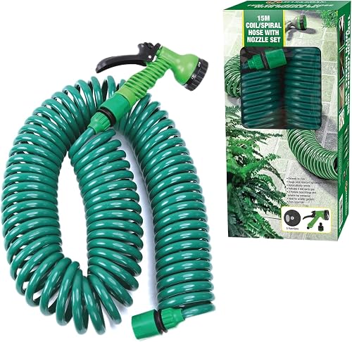 Lecxin Sizi Retractable Garden Coil Hose Pipe Expandable 7 Function Water Spray Gun Flexible Plant & Flower Watering Patio Decking Cleaning (15M), Green