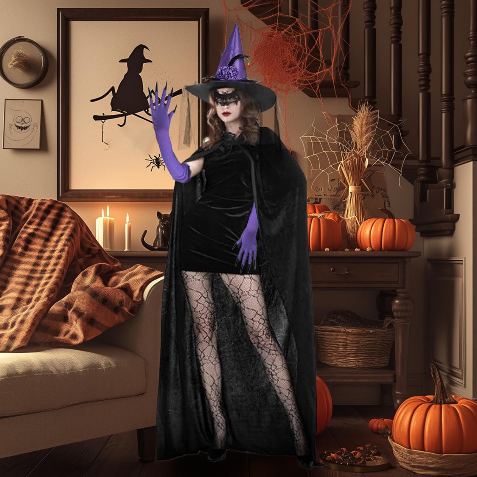 Kostium czarownicy – zestaw do cosplay czarownicy – Halloween, koronkowa maska skarpety, peleryna, kapelusz na scenę, imprezy, wesele