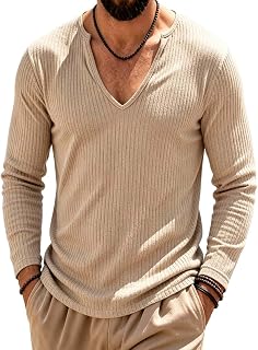 Mens Long Sleeve Muscle T Shirts Casual V Neck Ribbed Knit Tops