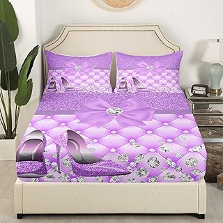 Glitter Diamond Bedding Set Twin Size High-heeled Shoes Bed Set for Girls Teens Bedroom Decor Kids Purple and Sliver Fitted Sheet Soft Microfiber Modern Fashion Bed Cover(1 Fitted Sheet+1 Pillow Case)