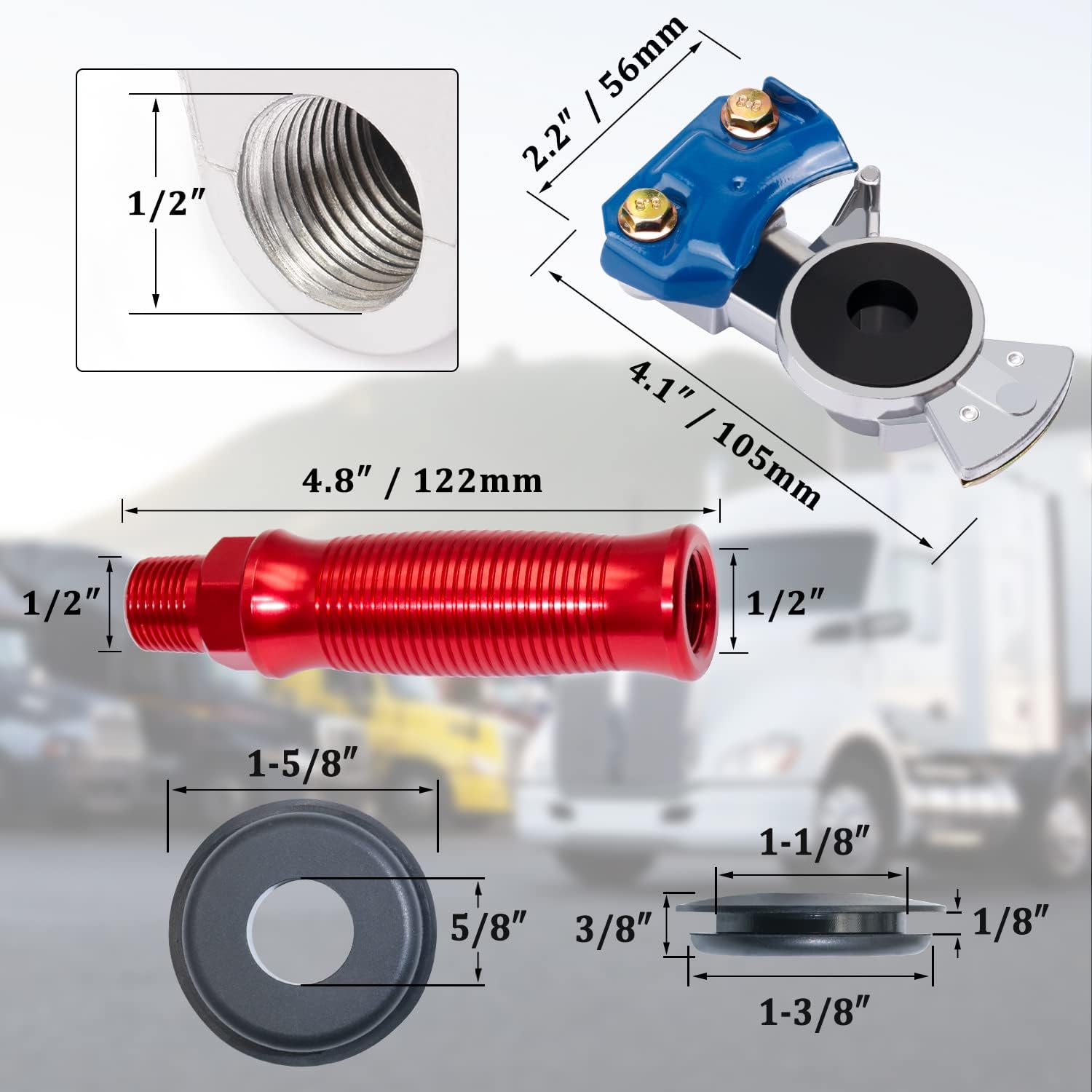 CheeMuii Glad Hands Set with 4 pcs Glad Hand Seals for Semi Truck - Aluminum Air Hose Coupling Connectors - 2 pcs Red, 2 pcs Blue