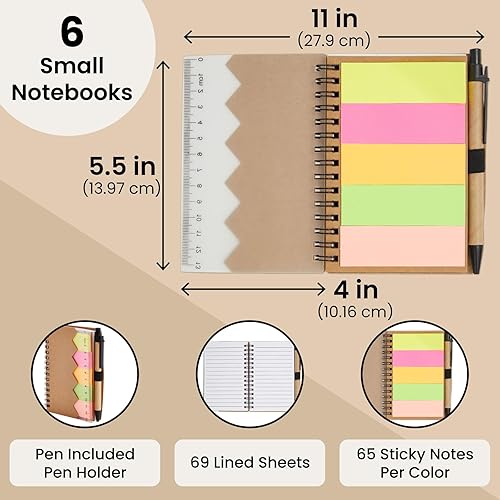Miniatura 4 de Juvale School Supplies Pocket Notebook & Pen - 4 x 5.5 in, Brown Cover, 6-Pack - Lined Mini Notepad Spiral Journal with Elastic Pen Holder - 65 Tabs