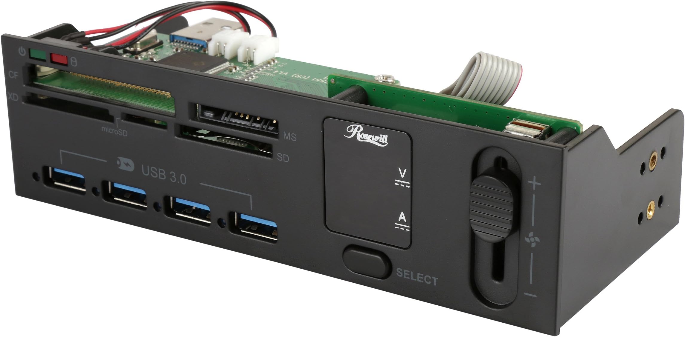 Rosewill 5.25 Inch Front Panel Card Reader USB 3.0 USB Hub and Fan Speed Controller. All-in-one Card Reader for SD CF XD and Other Memory Cards.4 Fast Charging USB 3.0 Ports w/Voltage & Amp Indicator