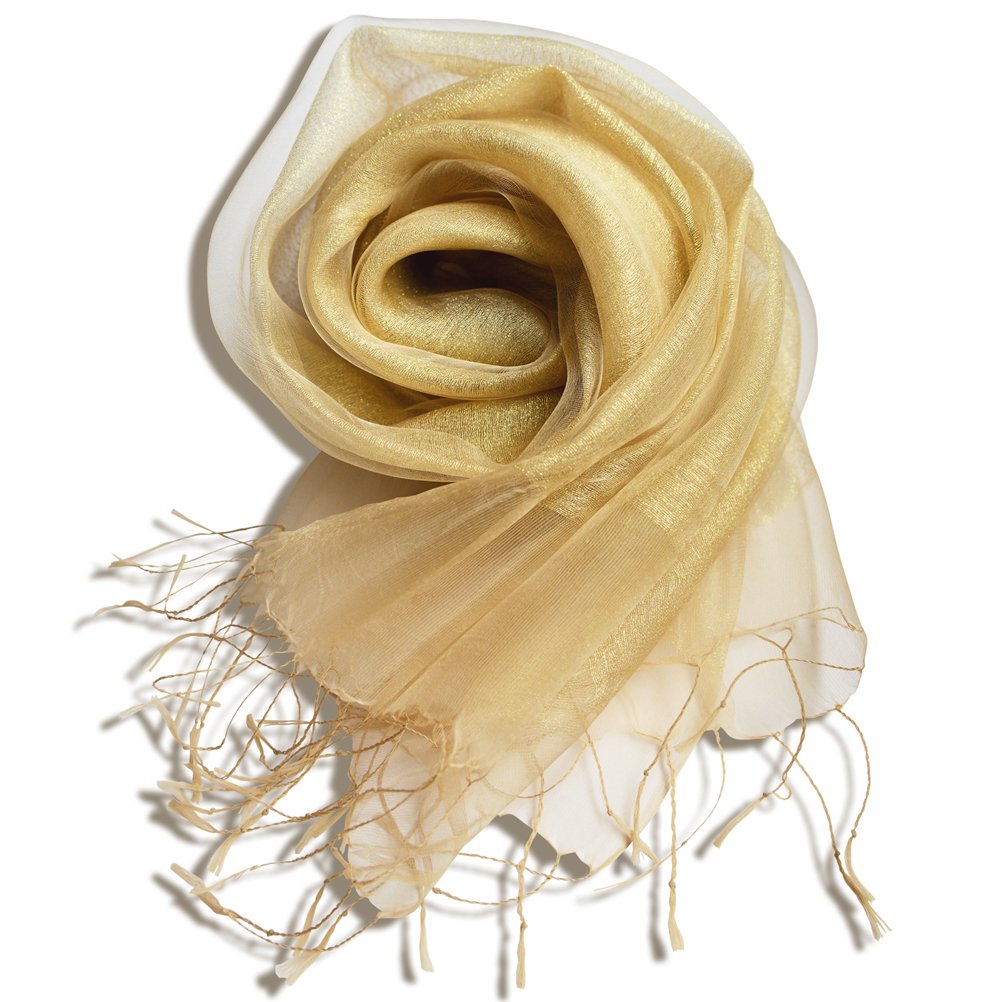 UK_Stone Women Ladies Metallic Sparkle Sheer Glitter Silky Scarf Stole Shawl Wrap with Fringe (Gold)