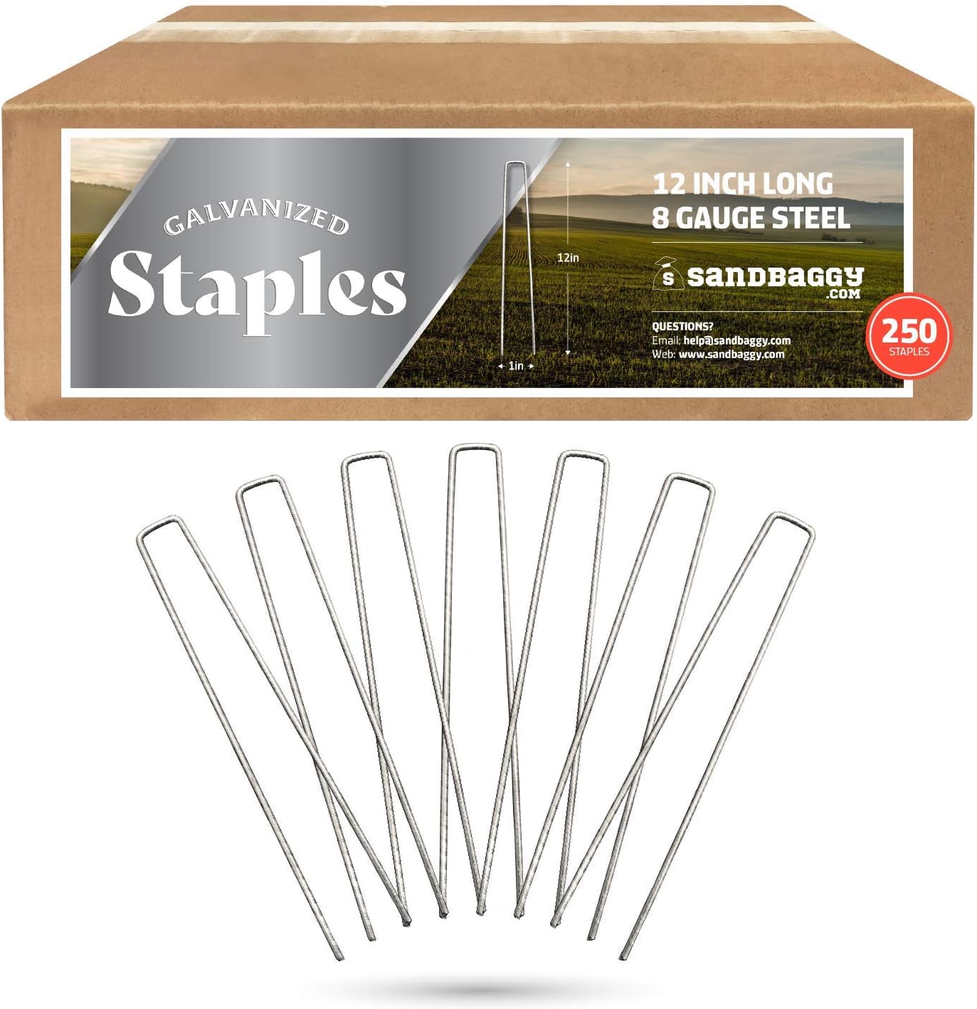 Sandbaggy 12 Inch Rust-Free Landscape Staples ~ Extra Long SOD Garden Stakes Weed Barrier Pins (250 Staples)