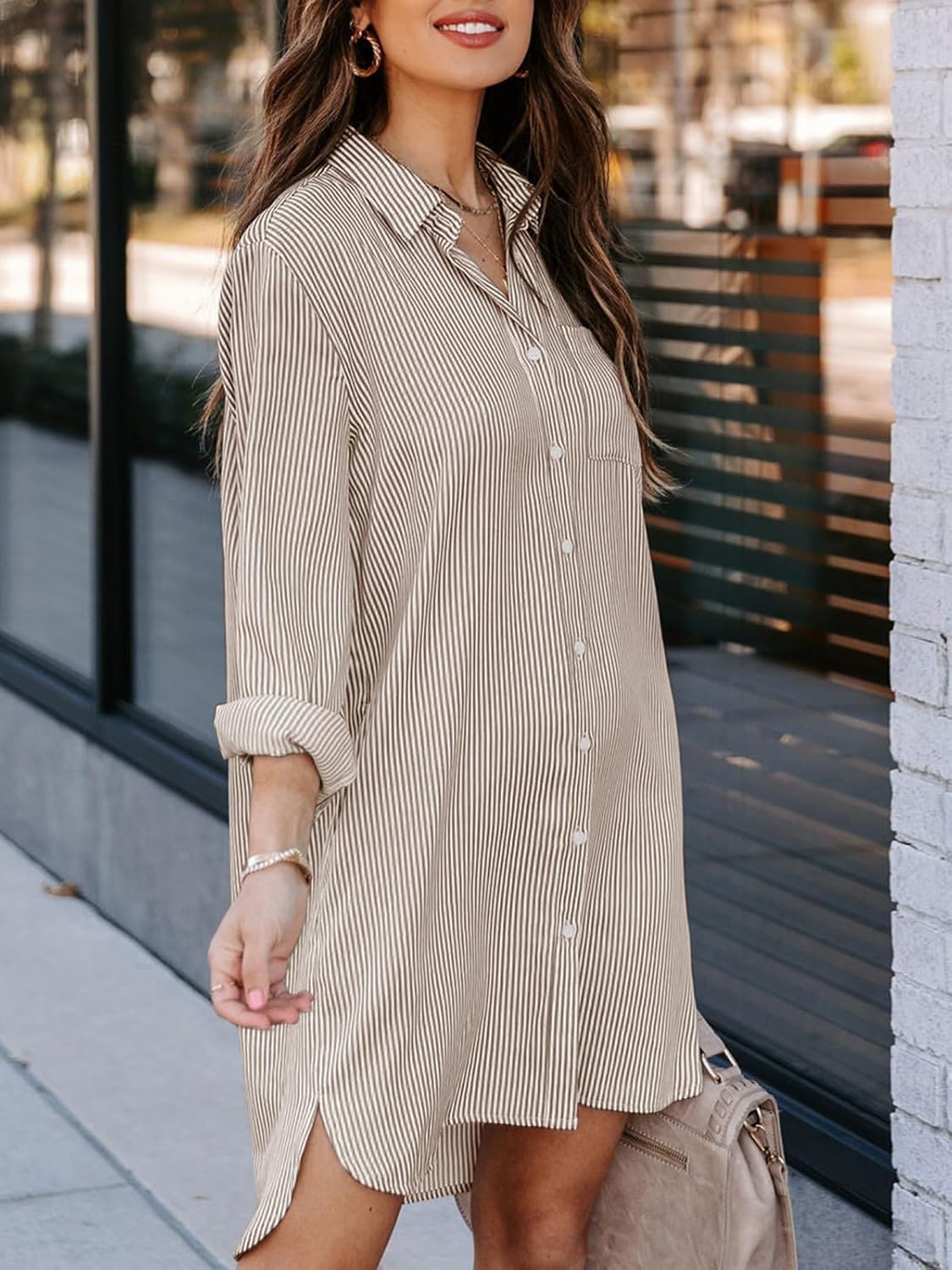 Womens Button Down Shirt Dresses with Pockets Striped Cotton Shirts Collared Long Sleeve High Low Blouse Tops - Image 2