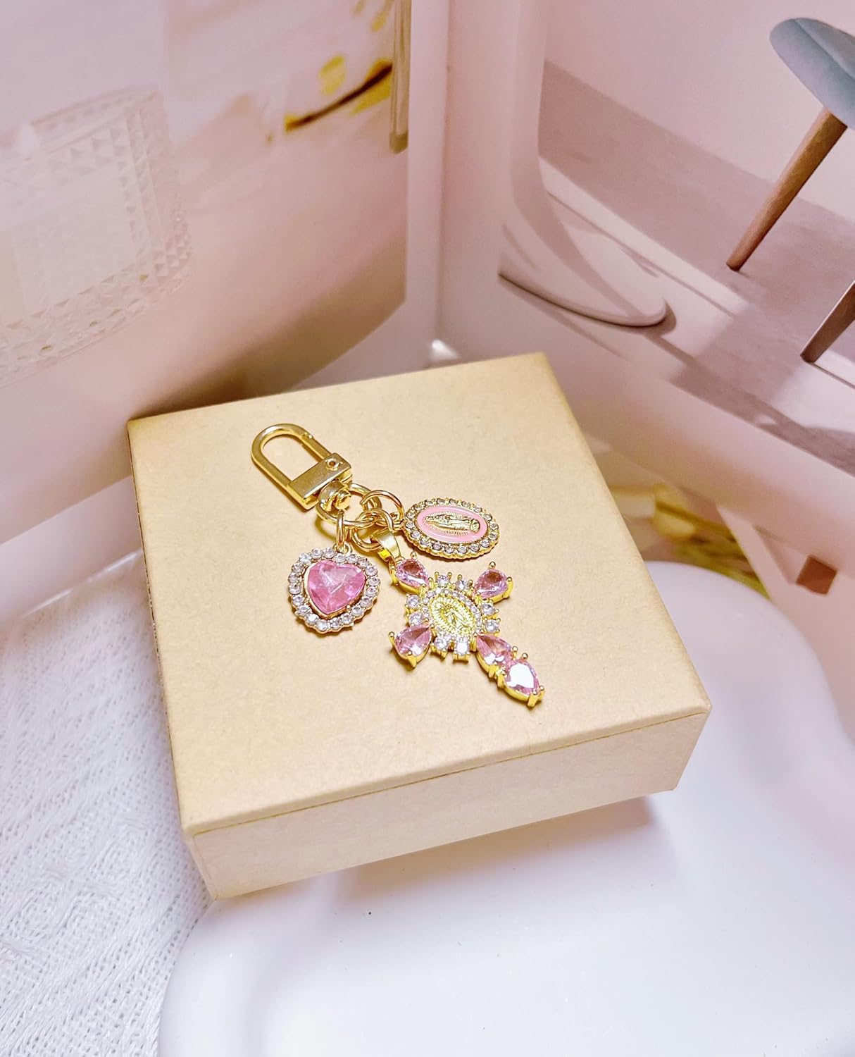 Cute Virgin-Mary Cross Keychain, Women Bag Charms Key Chain for Purse Handbags, Heart Keychains Accessories - Image 4