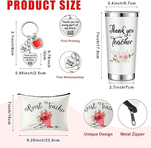Miniatura 2 de Juego de 12 piezas de regalos de agradecimiento para profesores, temas florales, incluye 4 tazas de acero inoxidable de 20 onzas, 4 llaveros, 4