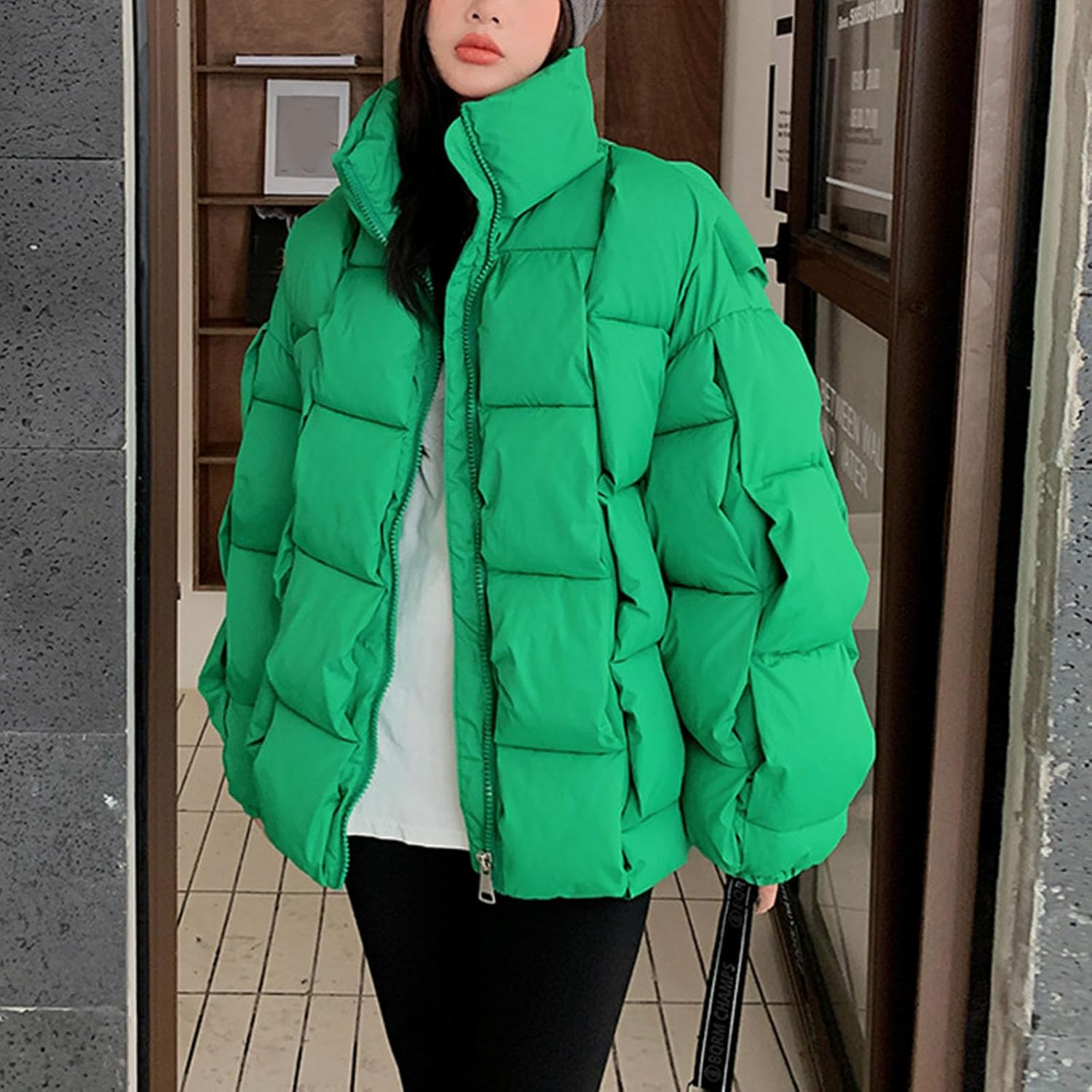 Puffer Jacket Womens Fashion Y2k Puffy Bubble Coat Loose Fit Quilted Jacket Winter Warm Thicken Full-Zip Down Outerwear