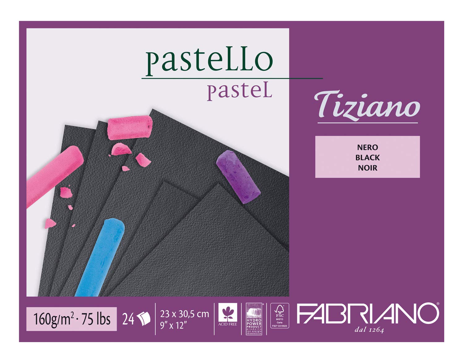Fabriano Honsell Tiziano 46723305 Pastel Pad Black 23.0 x 30.5 cm 24 Sheets 160 g/m² High Grain Acid and Resistant to Ageing, Grippy, Rough Surface