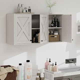 YOURLITE 36" Farmhouse Wall Mounted Storage Cabinet - Over Toilet Bathroom, Laundry, Kitchen Organizer with Adjustable Shelves, White