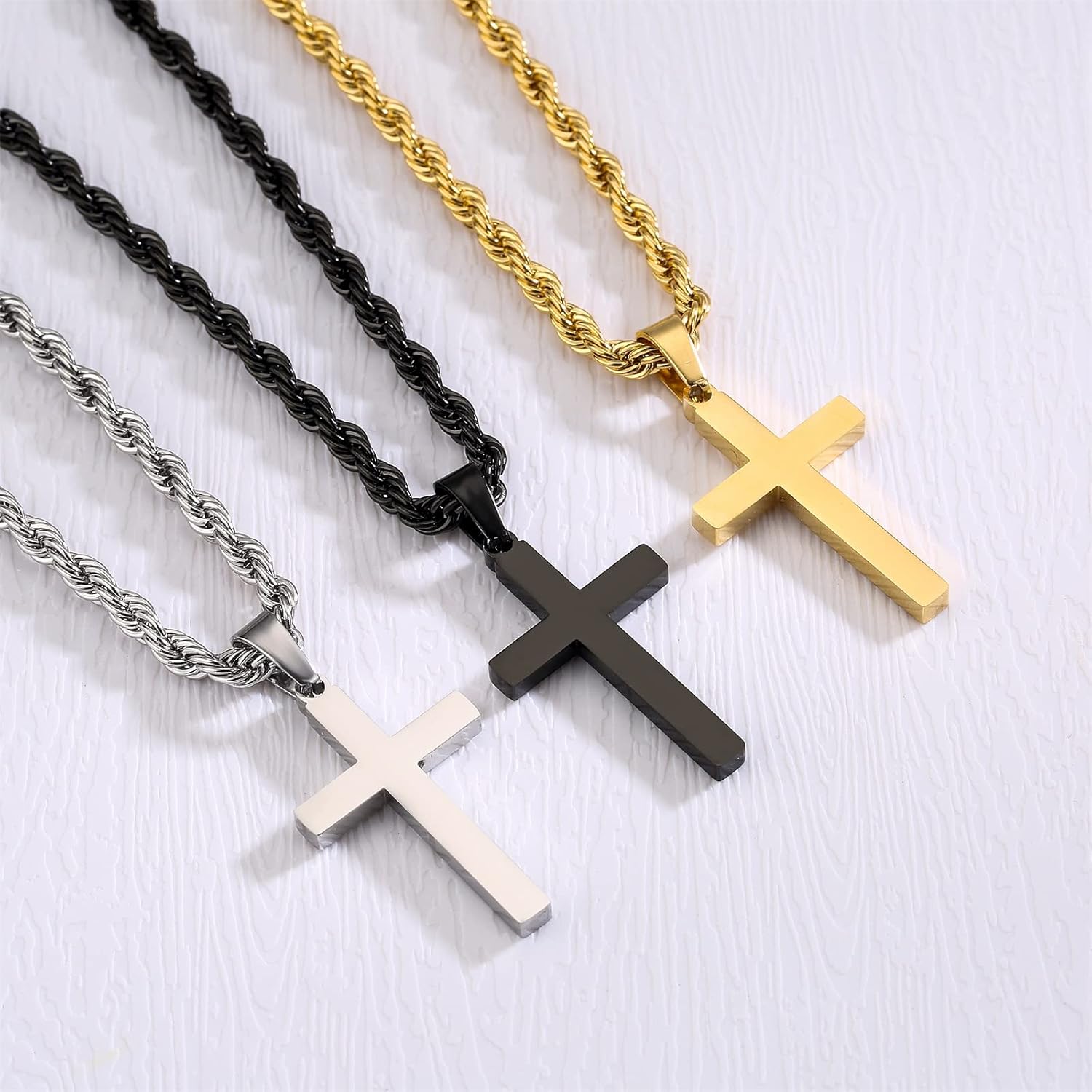 P. BLAKE Layered Cross Necklace With Chain for Men Boys, Stainless Steel Cross Pendant Figaro Link Rope Chain 16-24 Inch Christian Religious Chriatmas Jewelry Gifts - Image 3