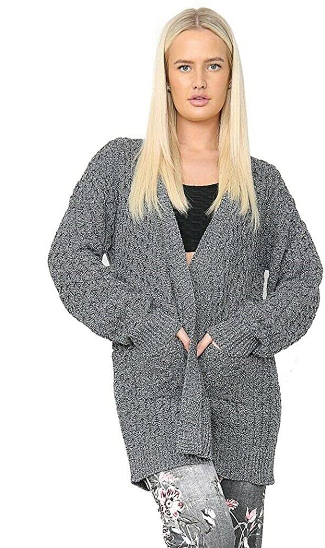 Crazy Girls Womens Crochet Knitted Boyfriend Cardigan, Marl Black, SM (UK 8-10)
