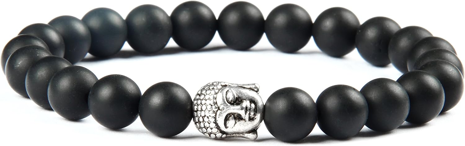 GD GOOD.designs EST. 2015 Buddha bracelet for men and women I Bead bracelet with genuine 8 mm Black Agate beads I Yoga and meditation ball bracelet