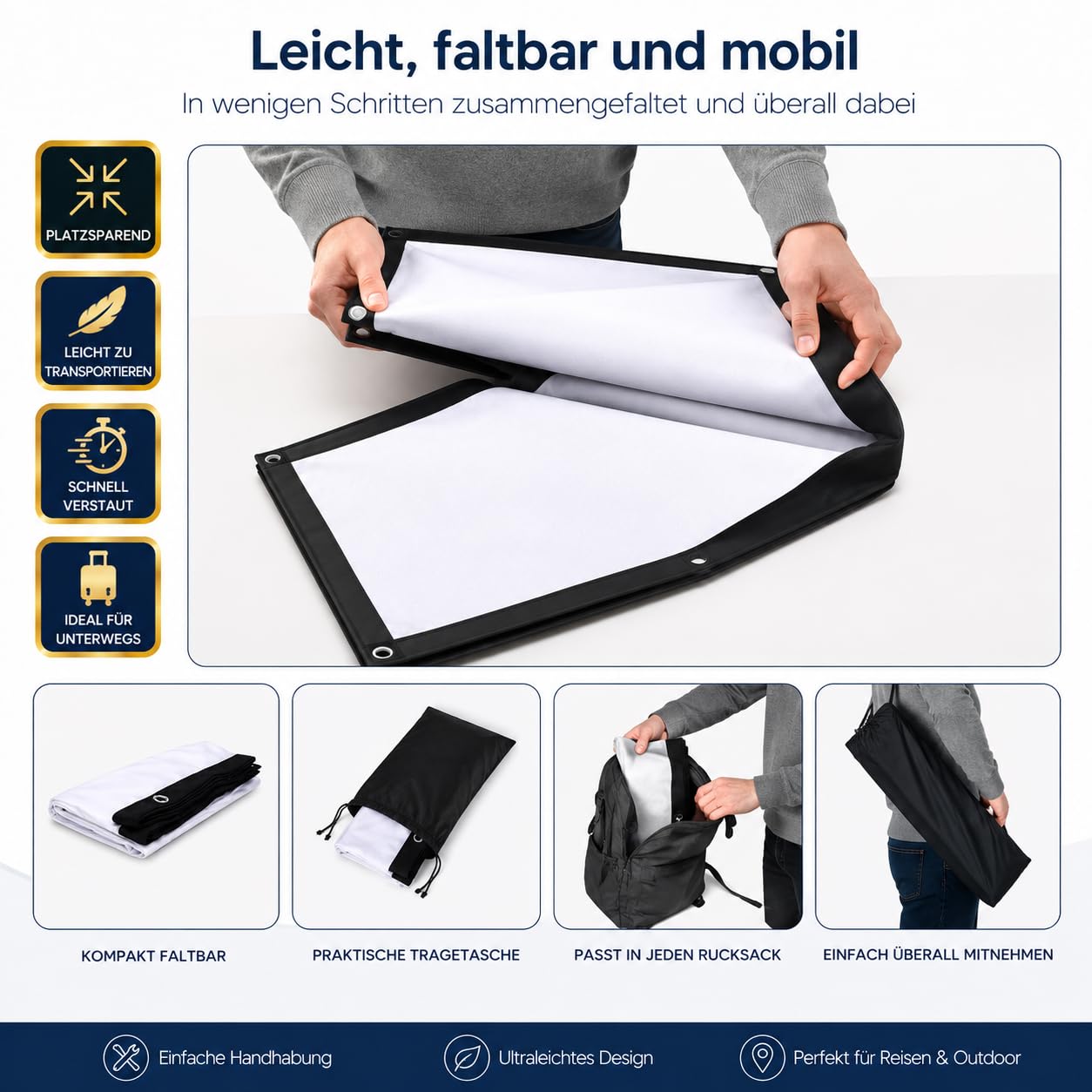 Leinwand Beamer,120 Zoll 16: 9 HD,Tragbare Faltbar Anti-Falten Doppelseitige Beamer Leinwand Outdoor für Camping,Heimkino,Schule,Treffen