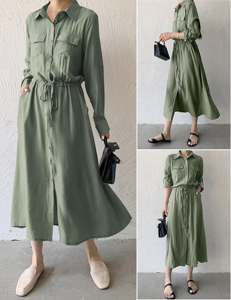 美品　L'or ロル かじまり Pleats Shirt Dress Roll Up Sleeve Shirt Midi Dresses for Women Button Down