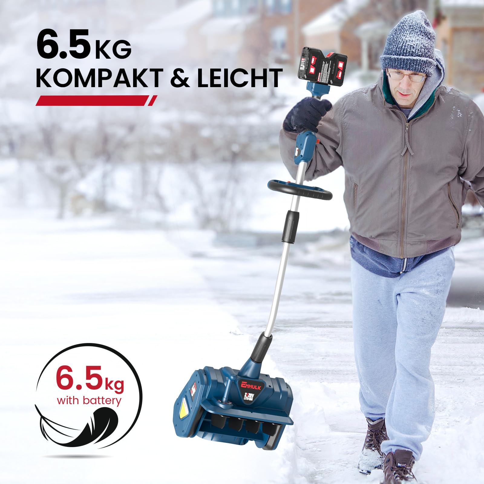 Enhulk Schneefräse 2x20V, 35cm Arbeitsbreite, 20cm Räumhöhe, 8m Wurfweite, ±30° Verstellbare Wurfrichtung, Akku-Schneeschaufel Mit Zusatzhandgriff (Inkl. 2x4Ah Akku & 2,2A Doppelladegerät)