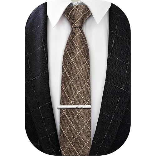 Barry.Wang Cotton 2.76'' Necktie Stripe Plaid Checkered Mens Clip Cashmere Wool Long Skinny Tie Formal Graduation