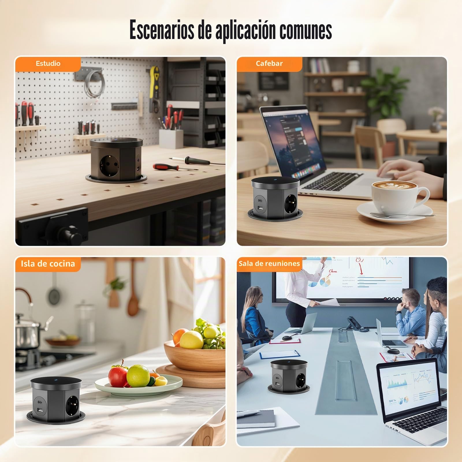 Enchufe retráctil de 3 enchufes, con cargador inalámbrico de 15 W, 1 USB C, 1 USB-A, enchufe retráctil para cocina, cable de 1,5 m, para oficina, cocina, dormitorio, D 120 mm