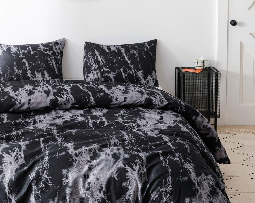 JANZAA 3 PCS Duvet Cover Set Queen Marble Pattern Printed Black Soft Microfiber Bedding Set with Zipper Closure(Black Marble,Queen)